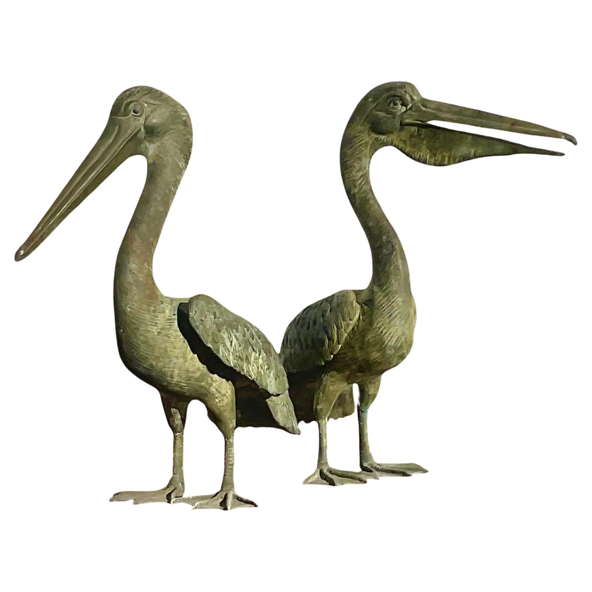 Vintage Coastal Patinated Bronze Pelicans - Set of 2