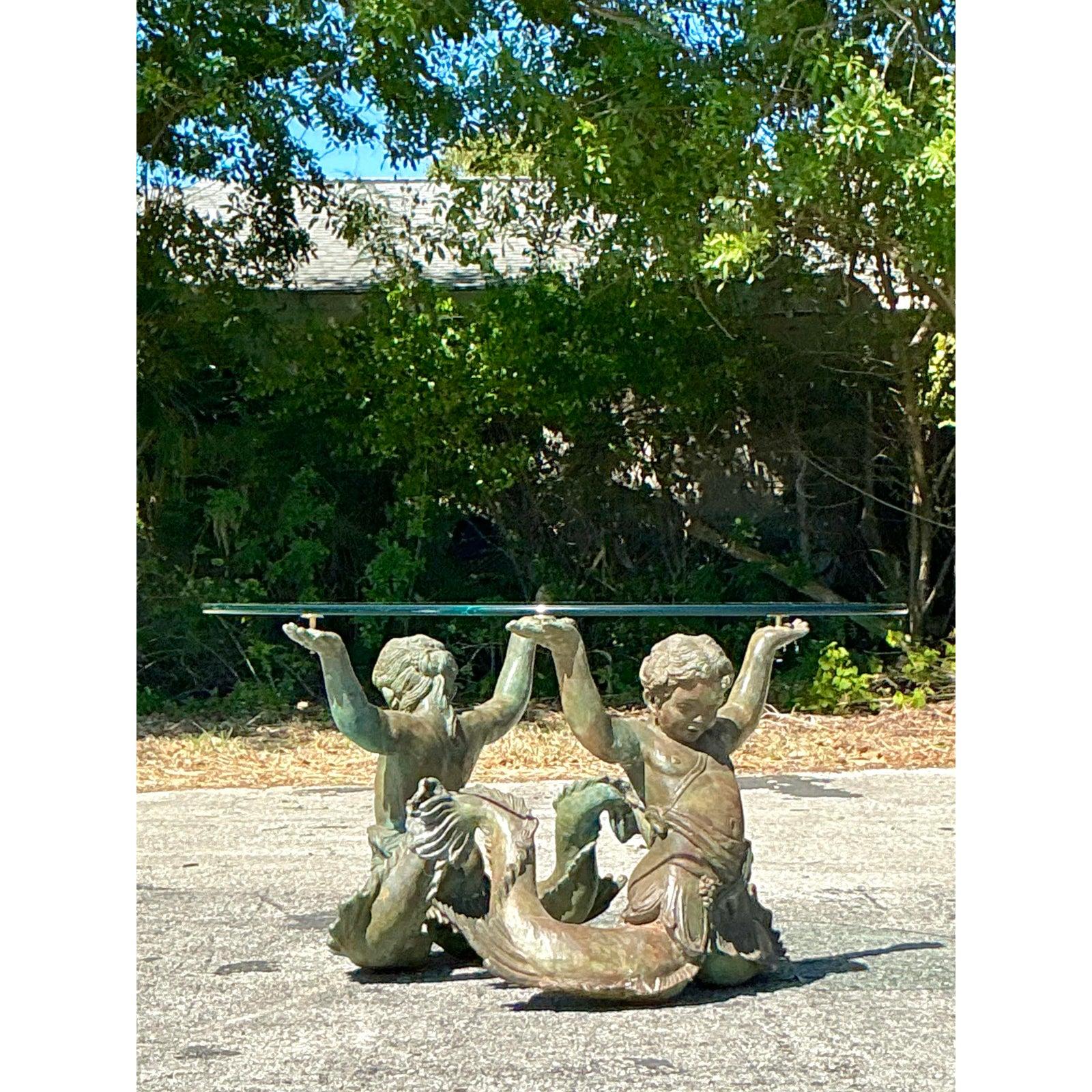 Bronze Table basse Putti De Mare vintage en bronze patiné côtier en vente