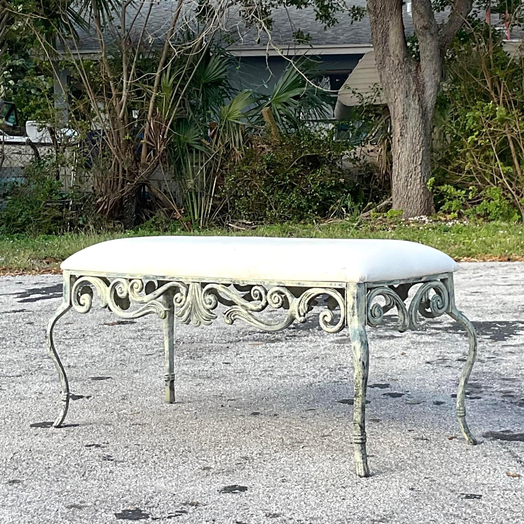 Vintage Coastal Patinated Cast Aluminum Bench In Good Condition For Sale In west palm beach, FL