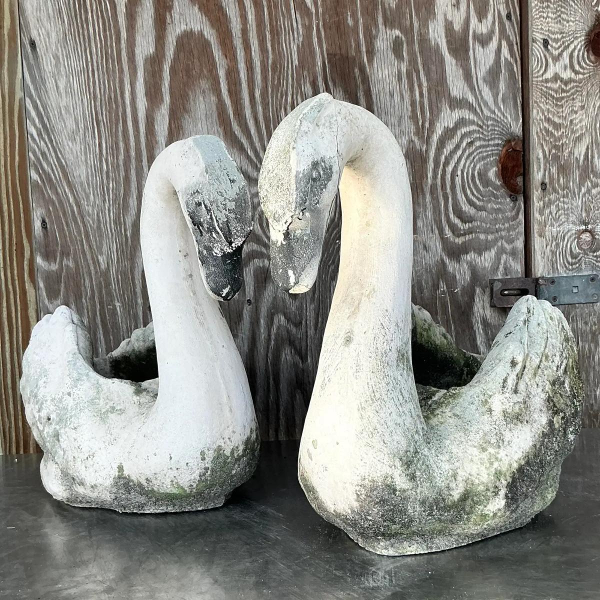American Vintage Coastal Patinated Cast Concrete Swans - a Pair For Sale