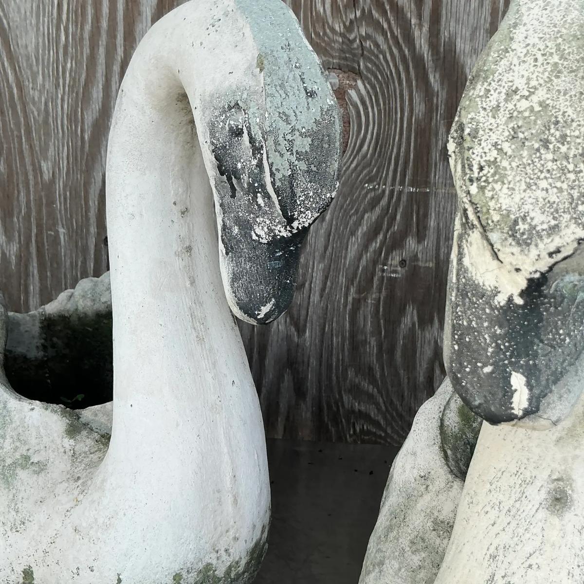 20th Century Vintage Coastal Patinated Cast Concrete Swans - a Pair For Sale