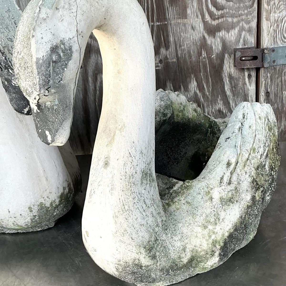 Vintage Coastal Patinated Cast Concrete Swans - a Pair For Sale 2