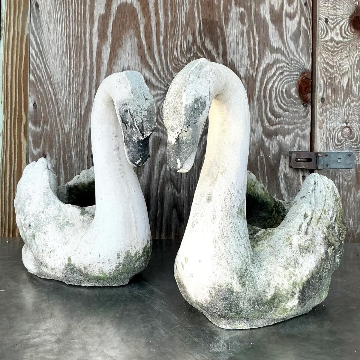 Vintage Coastal Patinated Cast Concrete Swans - a Pair For Sale 3
