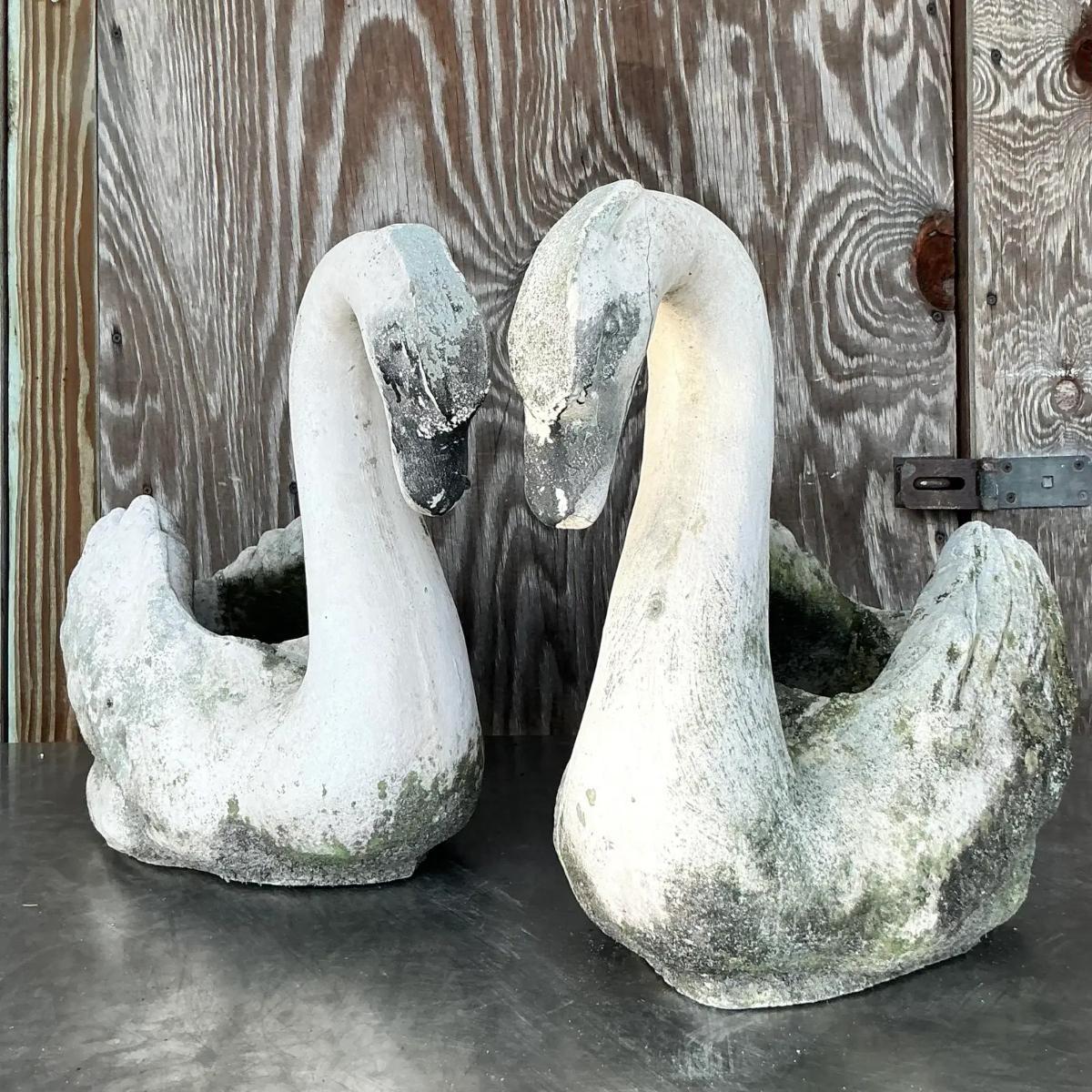 Vintage Coastal Patinated Cast Concrete Swans - a Pair For Sale 4