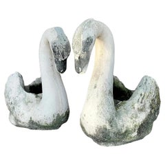 Vintage Coastal Patinated Cast Concrete Swans - a Pair
