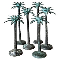 Vintage Coastal Patinated Cast Metal Palm Tree Candlesticks - Set of 6