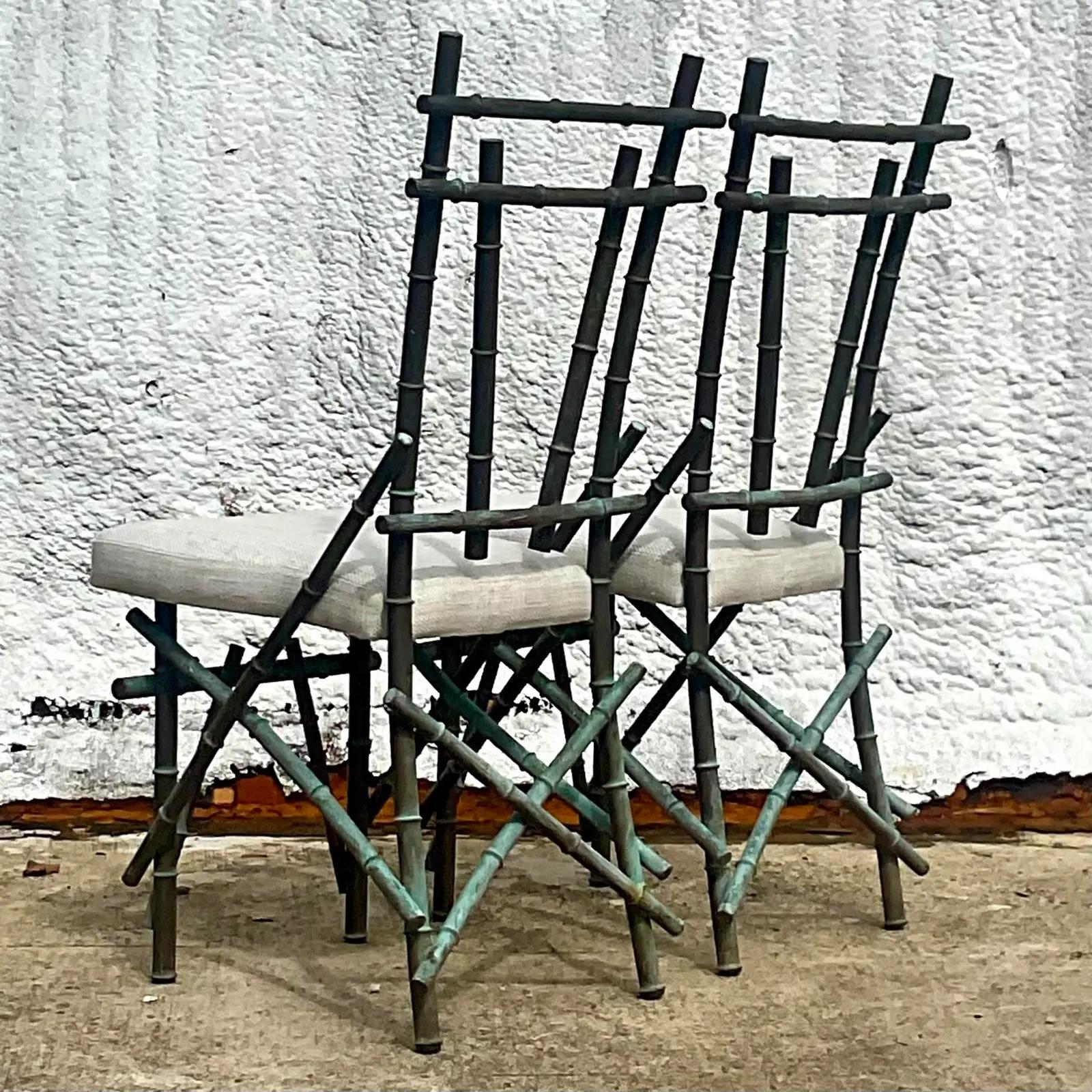 Vintage Coastal Patinated Copper Bamboo Chairs, a Pair 5