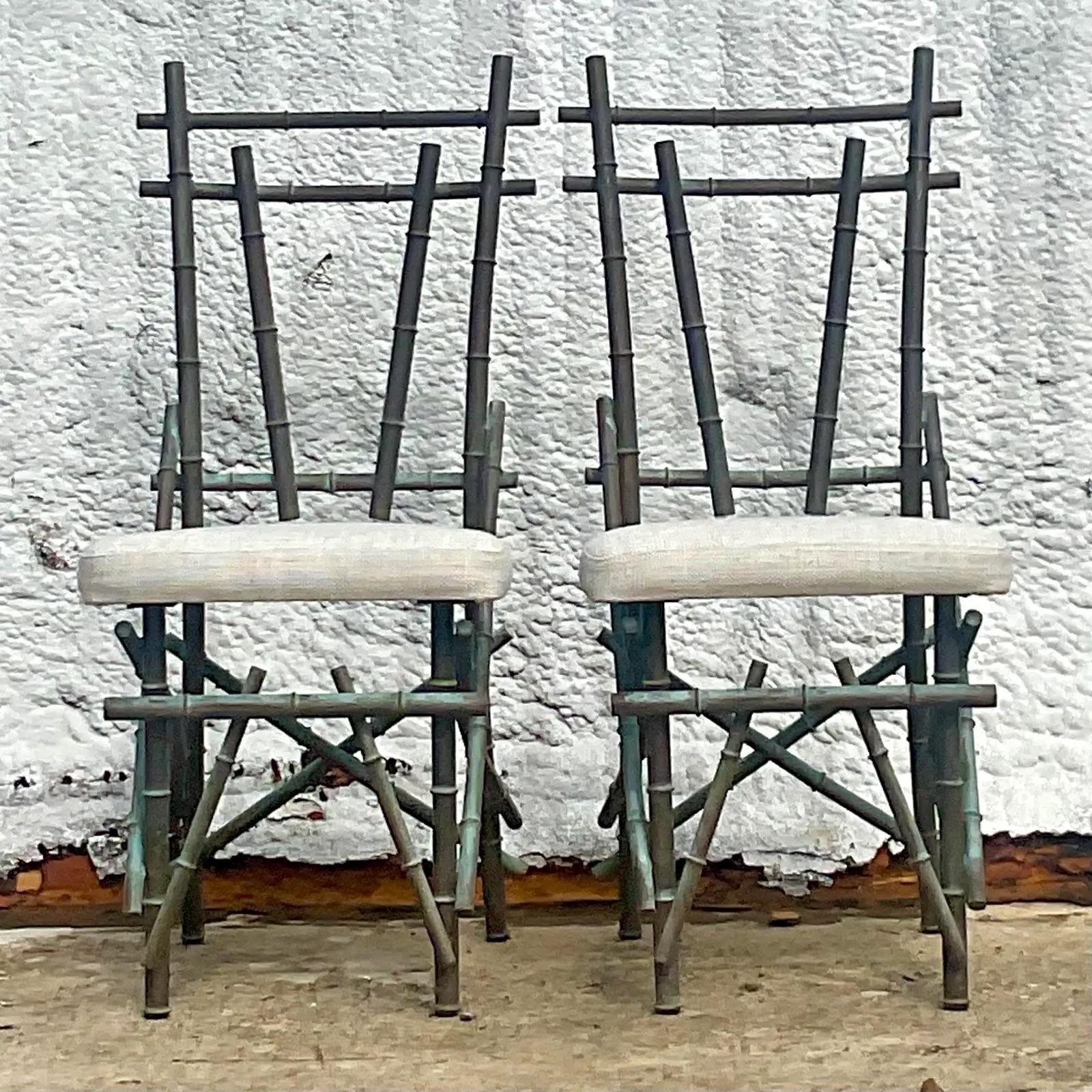 North American Vintage Coastal Patinated Copper Bamboo Chairs, a Pair