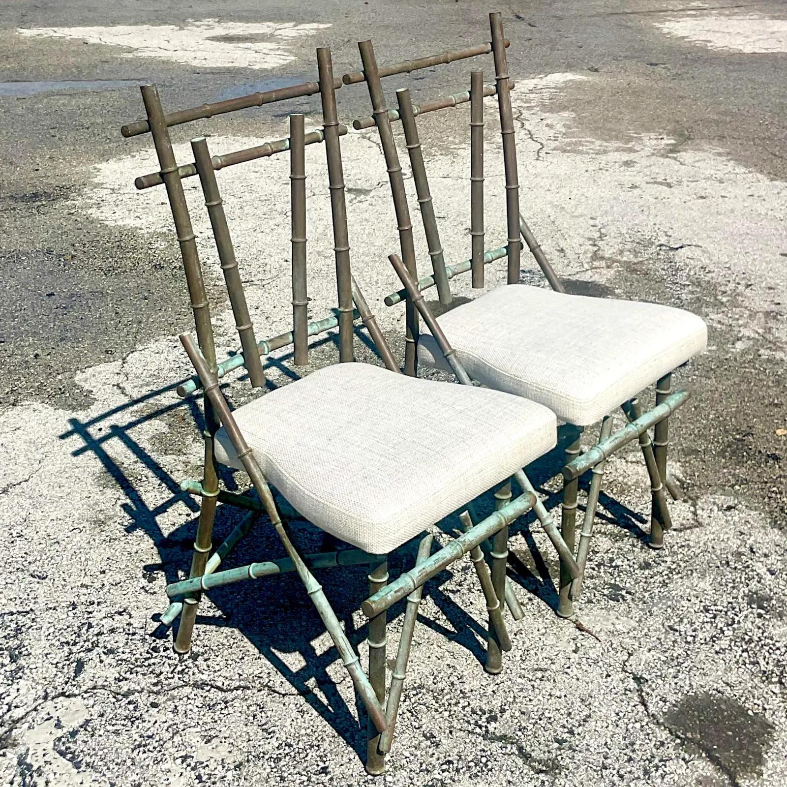 Vintage Coastal Patinated Copper Bamboo Chairs, a Pair In Good Condition In west palm beach, FL