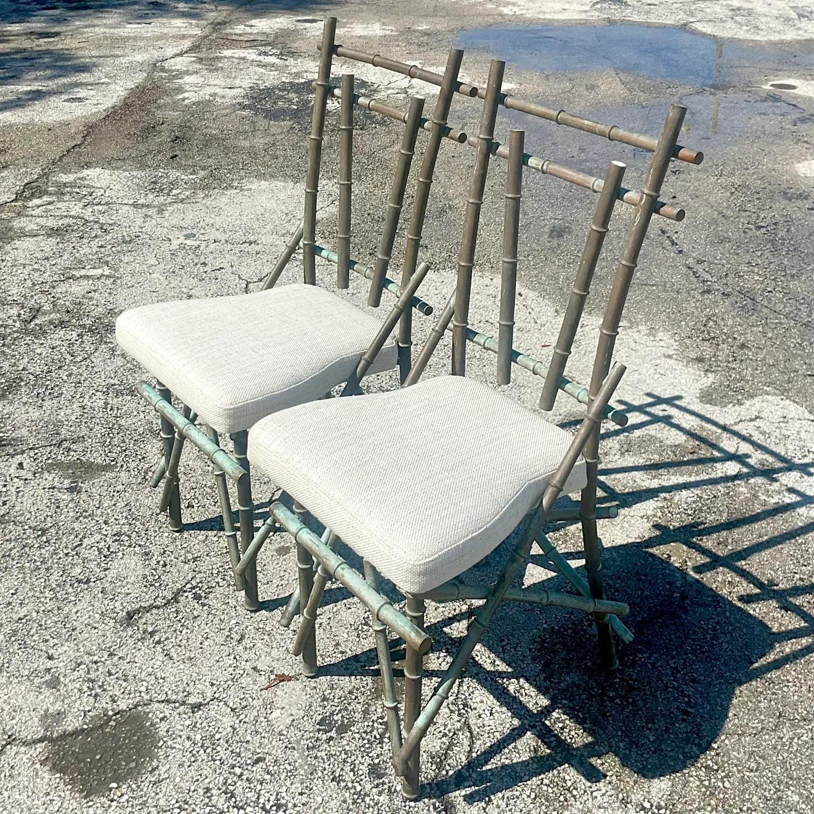 20th Century Vintage Coastal Patinated Copper Bamboo Chairs, a Pair
