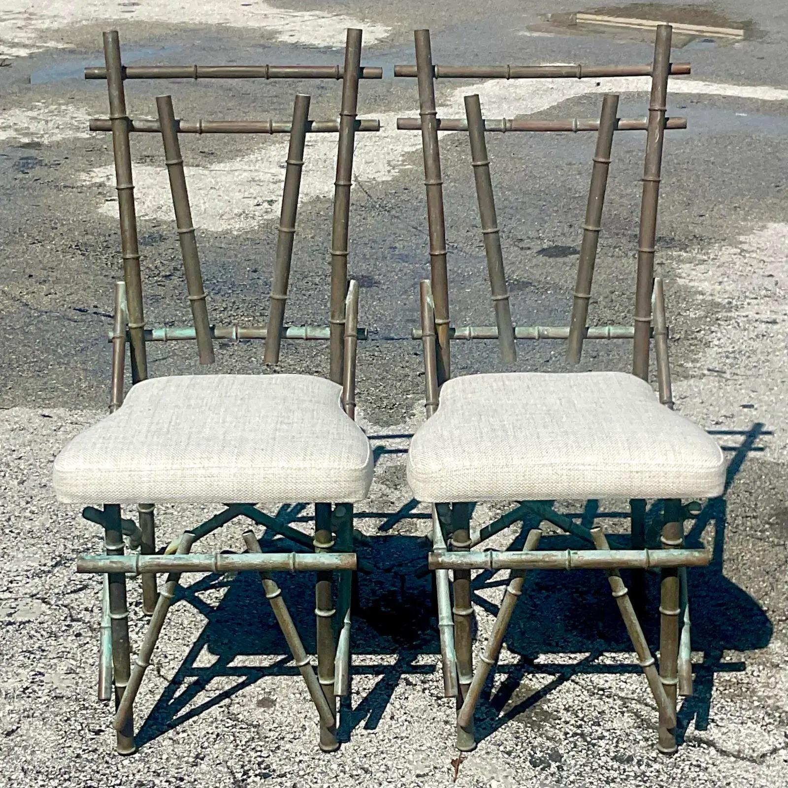 Vintage Coastal Patinated Copper Bamboo Chairs, a Pair 2
