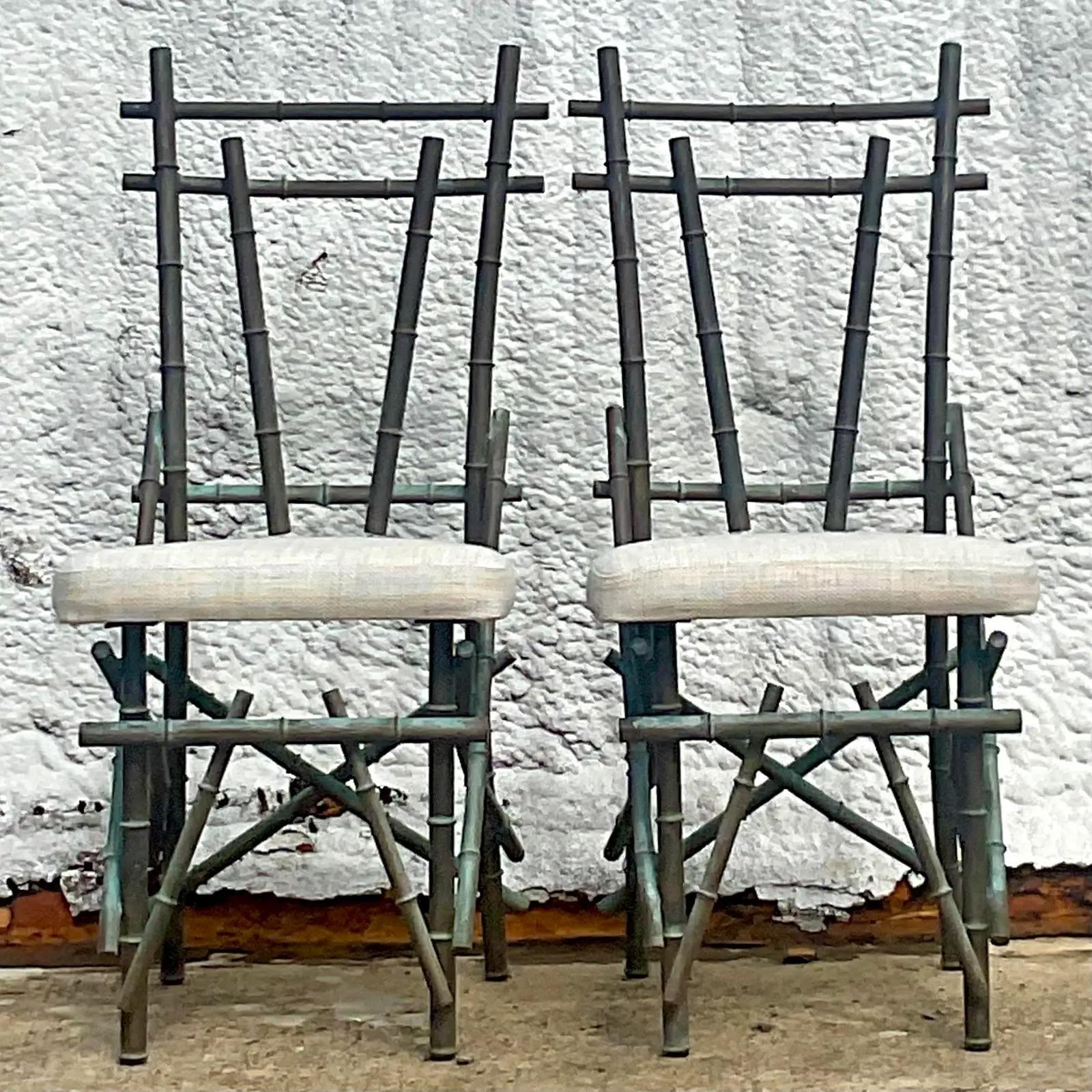 Vintage Coastal Patinated Copper Bamboo Chairs, a Pair 4