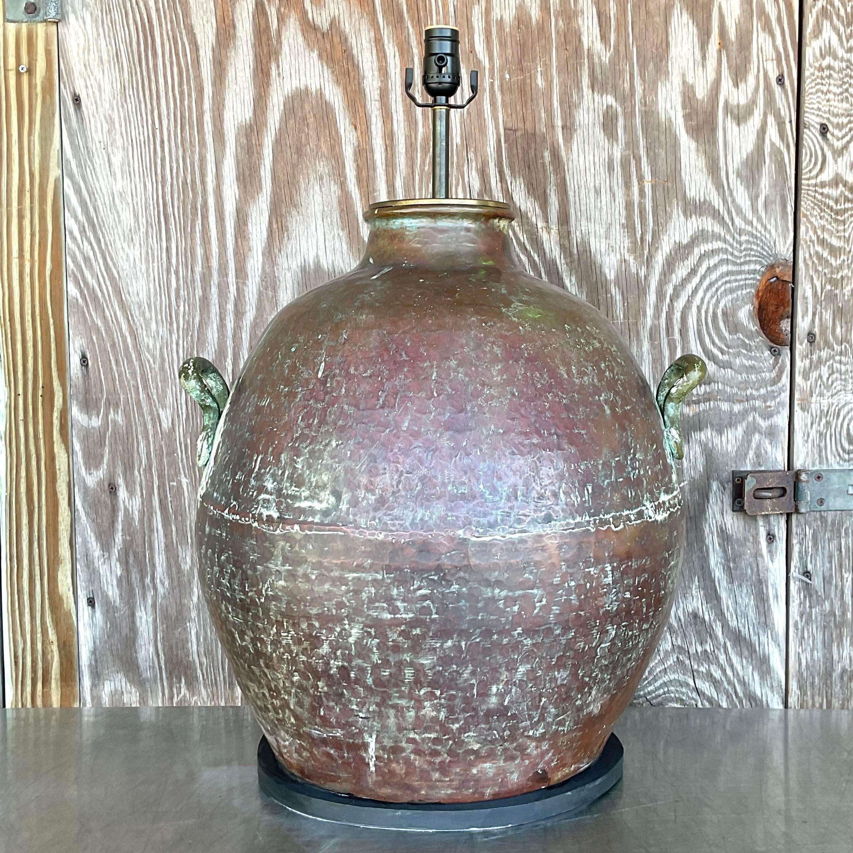 Vintage Coastal Patinated Hammered Copper Lamp In Good Condition For Sale In West Palm Beach, FL
