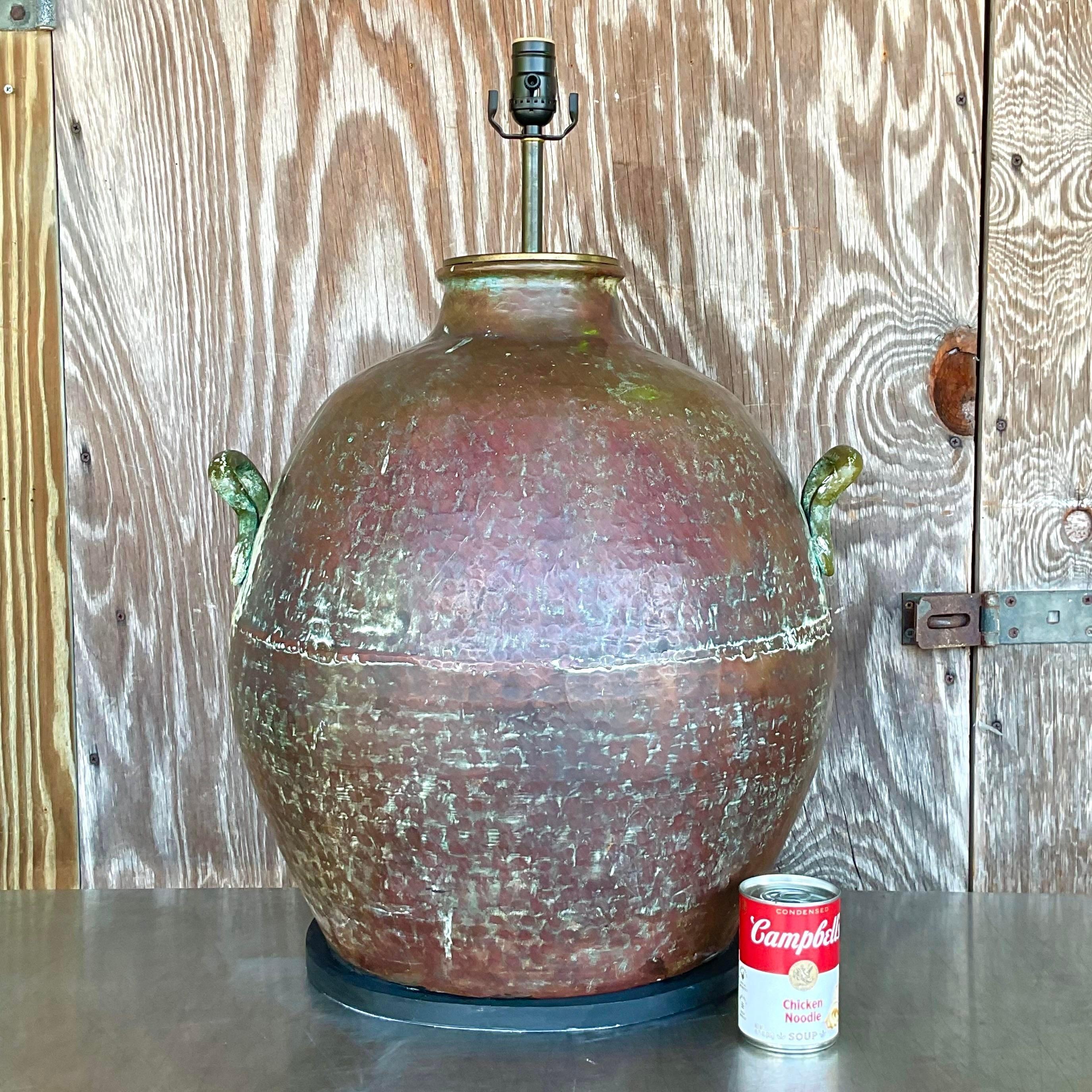20th Century Vintage Coastal Patinated Hammered Copper Lamp For Sale