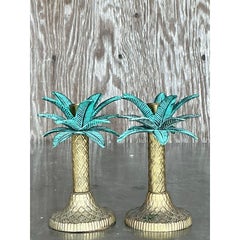 Vintage Coastal Patinated Metal Palm Tree Candlesticks- Set of 2