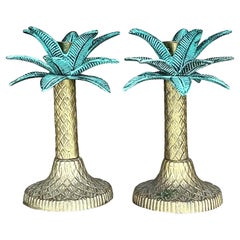 Vintage Coastal Patinated Metal Palm Tree chandeliers- Set of 2