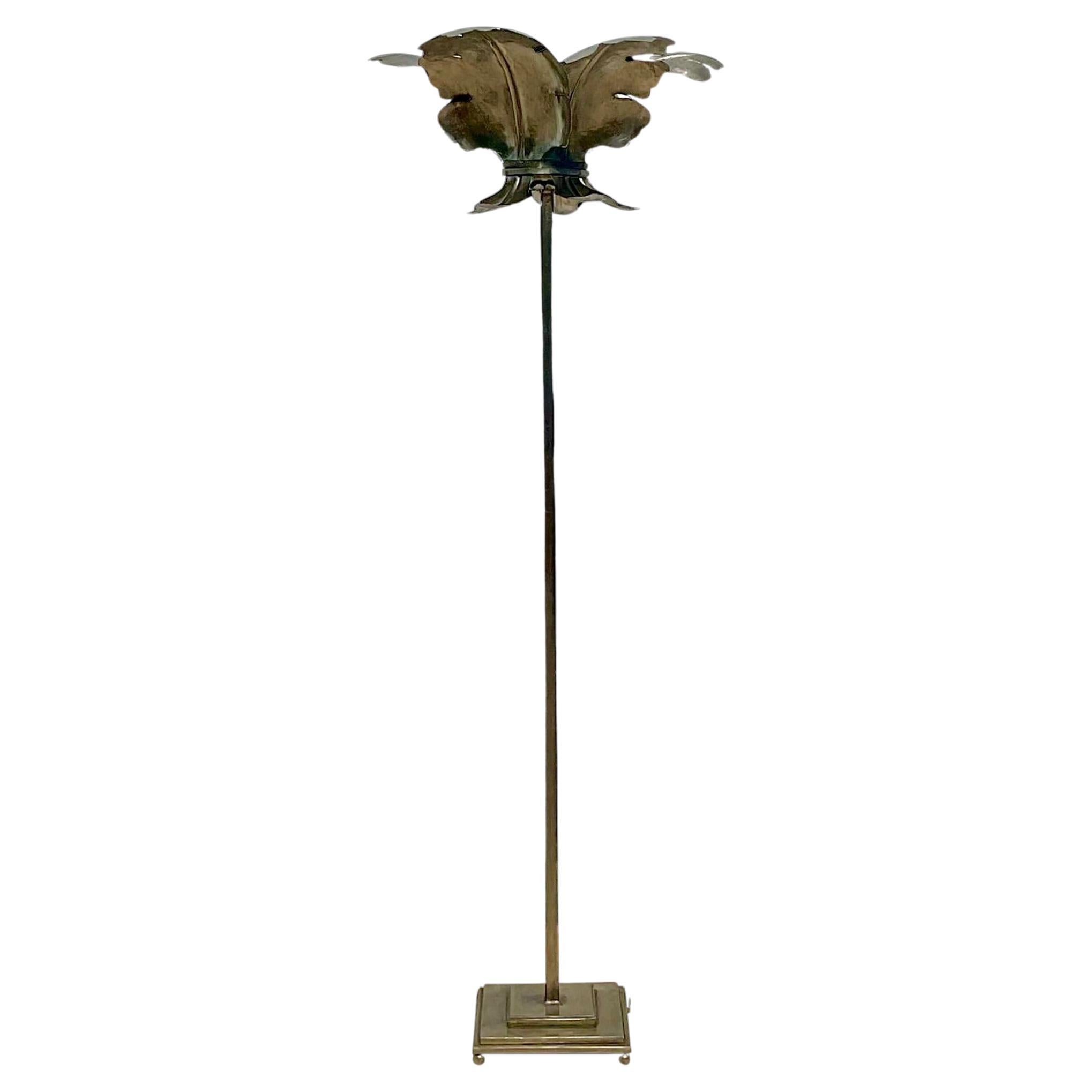 Vintage Coastal Patinated Metal Palm Tree Floor Lamp For Sale