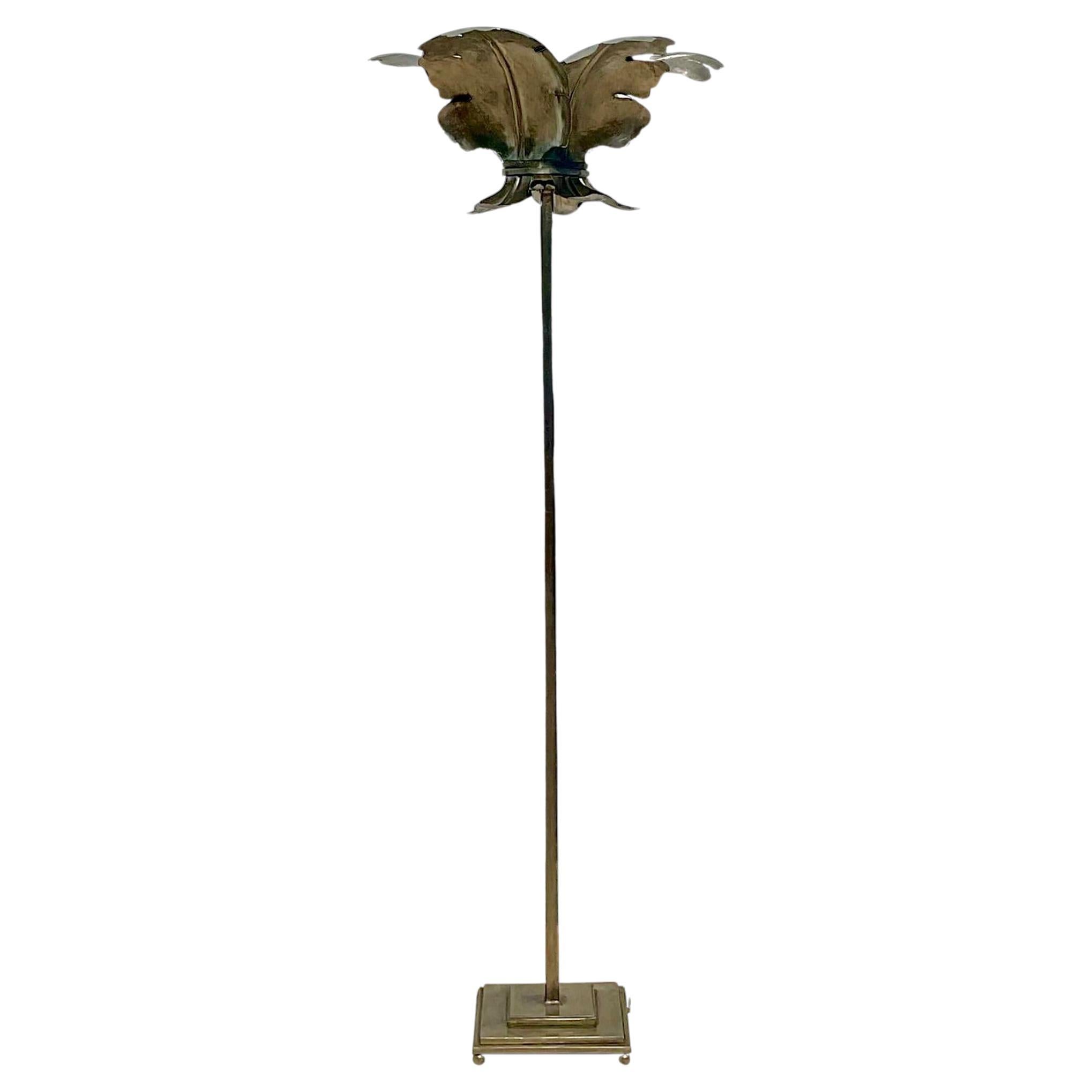 Vintage Coastal Patinated Metal Palm Tree Floor Lamp