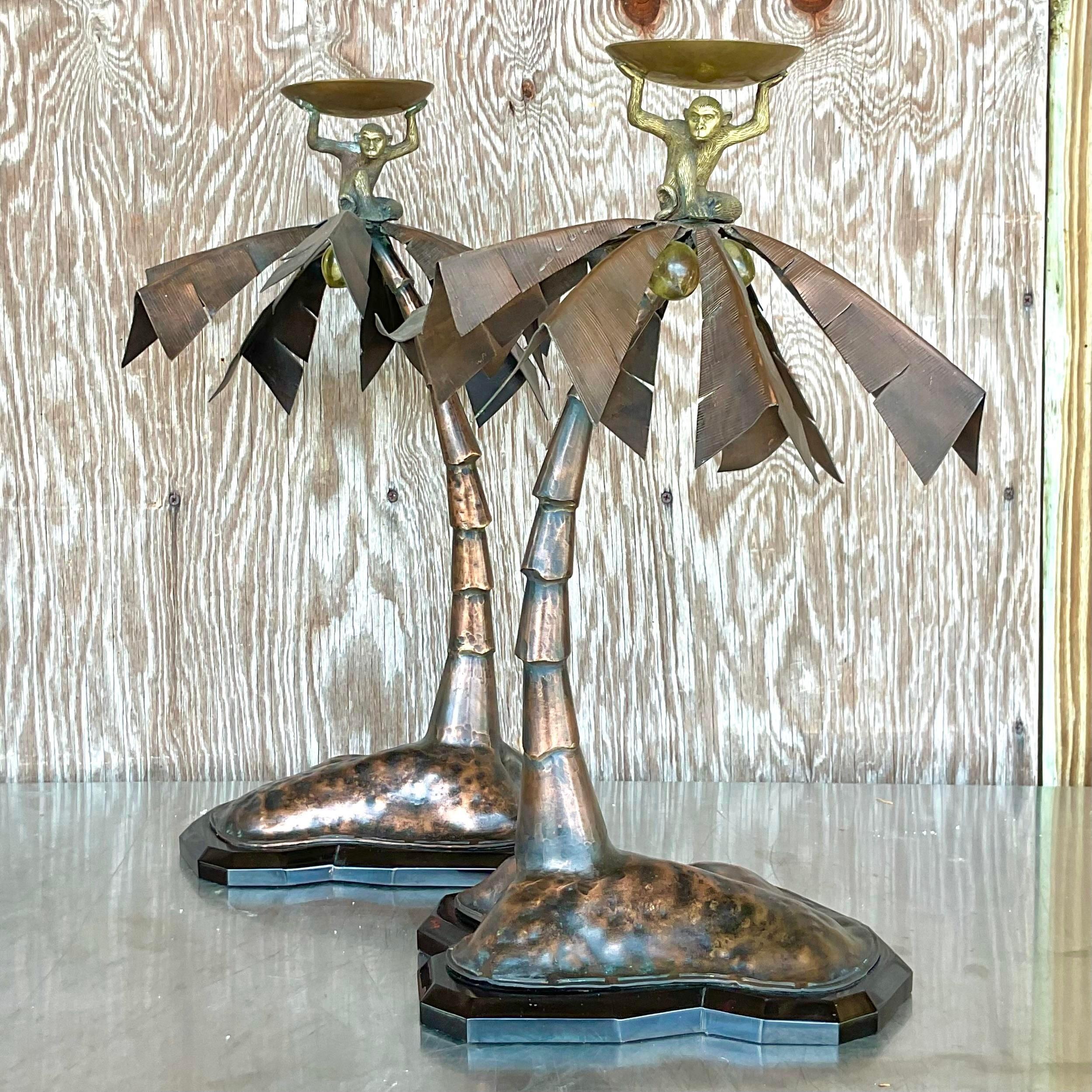 American Vintage Coastal Patinated Metal Palm Tree With Monkey Candlesticks - a Pair For Sale