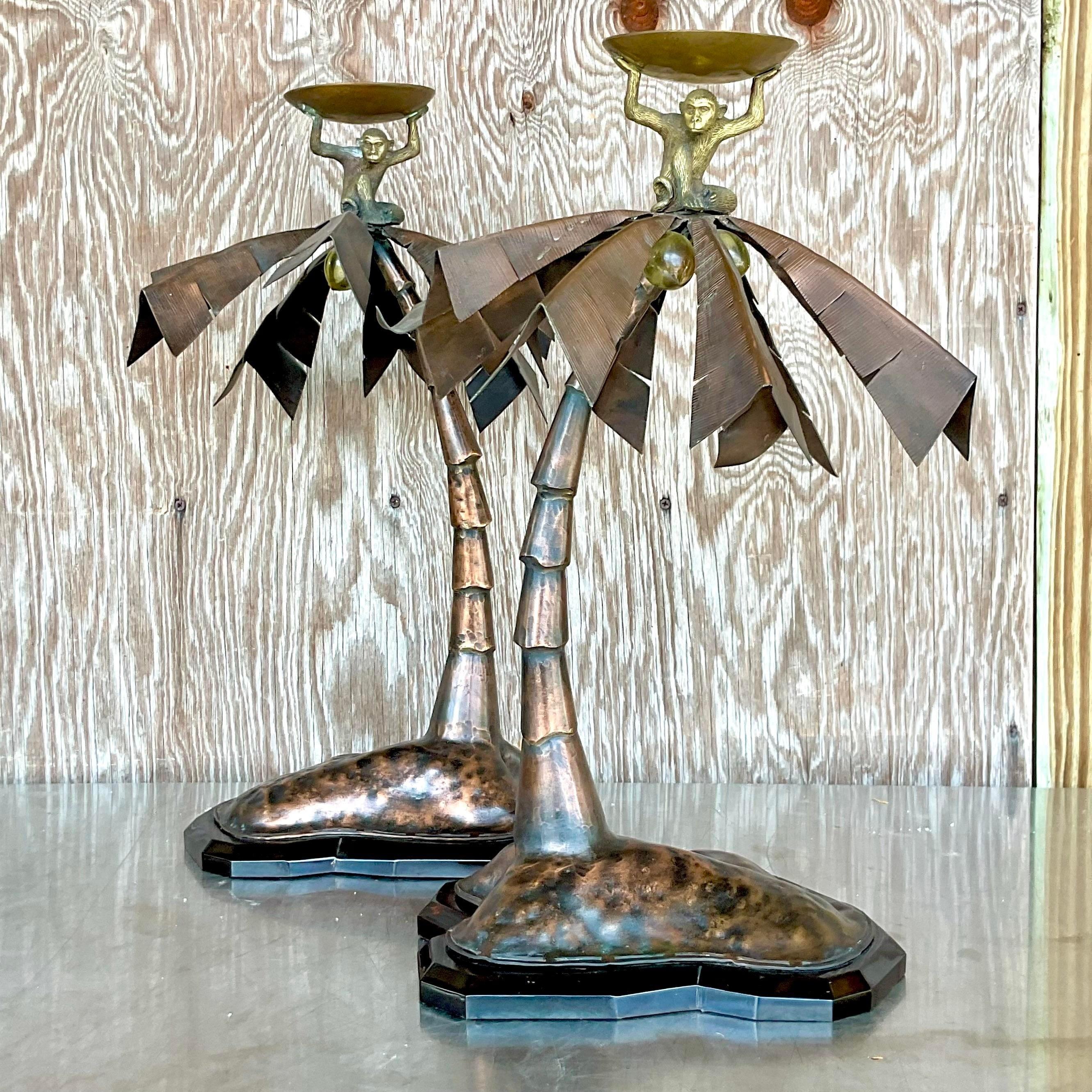 Vintage Coastal Patinated Metal Palm Tree With Monkey Candlesticks - a Pair For Sale 1