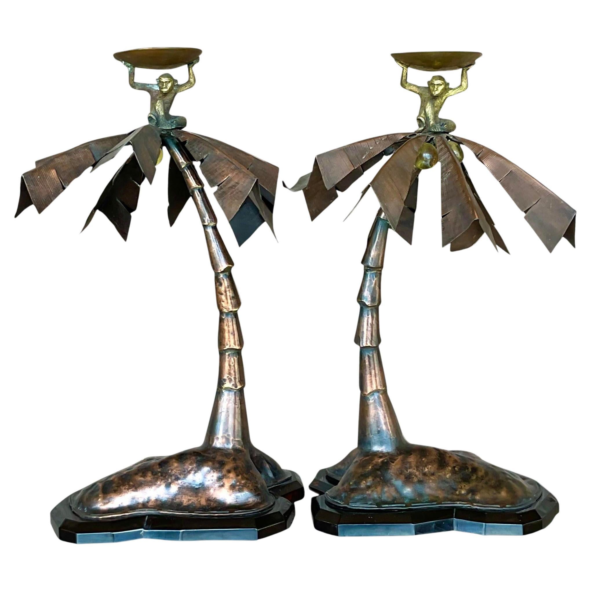 Vintage Coastal Patinated Metal Palm Tree With Monkey Candlesticks - a Pair For Sale