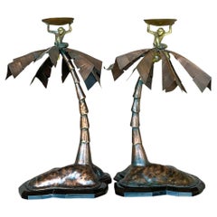 Vintage Coastal Patinated Metal Palm Tree With Monkey Candlesticks - a Pair