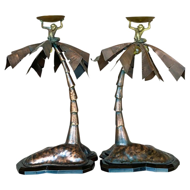 Vintage Coastal Patinated Metal Palm Tree With Monkey Candlesticks a