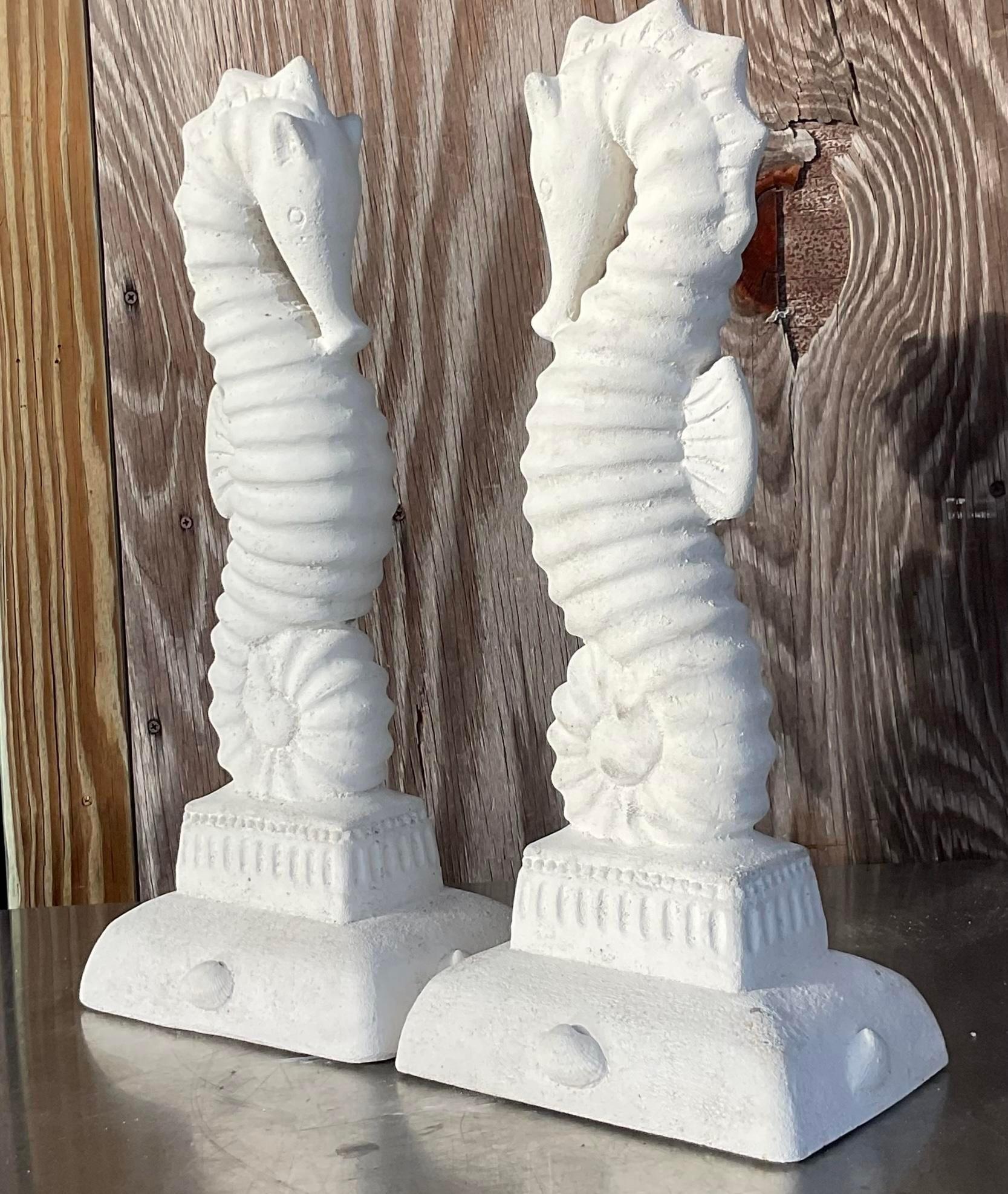 Vintage Coastal Patinated Metal Seahorse Garden Statue In Good Condition For Sale In west palm beach, FL