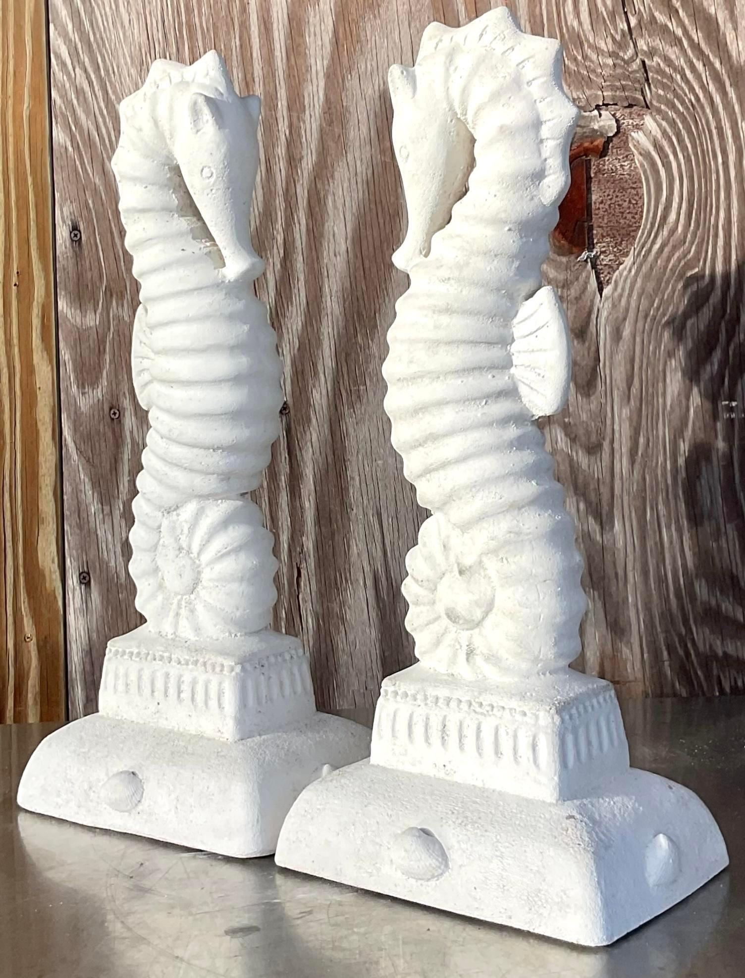 20th Century Vintage Coastal Patinated Metal Seahorse Garden Statue For Sale