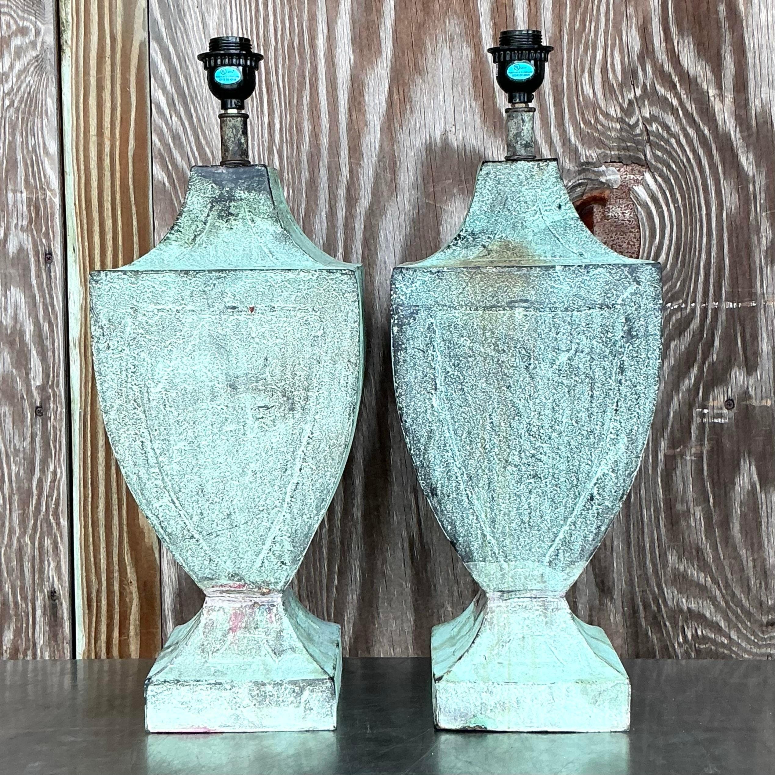 American Vintage Coastal Patinated Metal Urn Lamps - a Pair