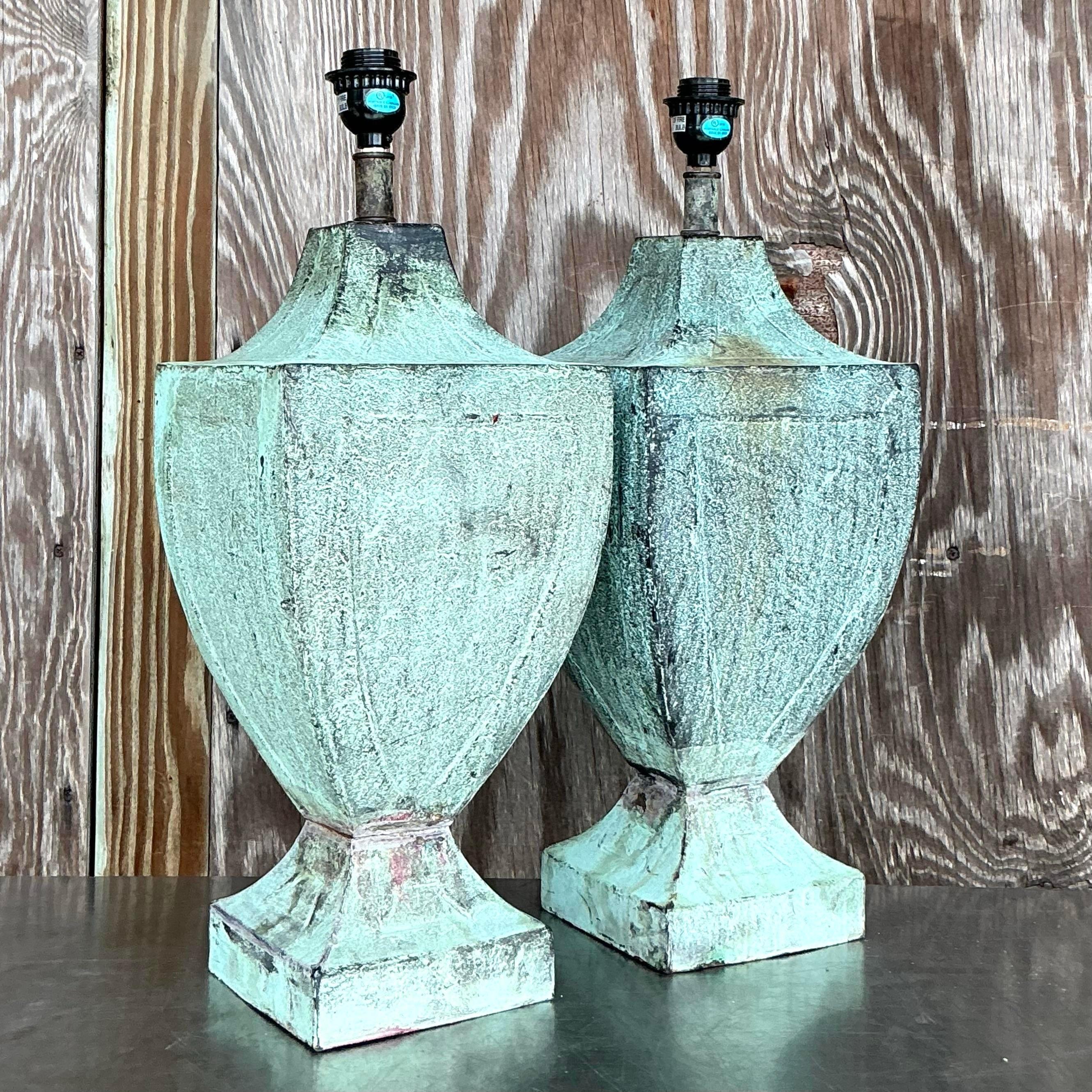 Vintage Coastal Patinated Metal Urn Lamps - a Pair In Good Condition In west palm beach, FL