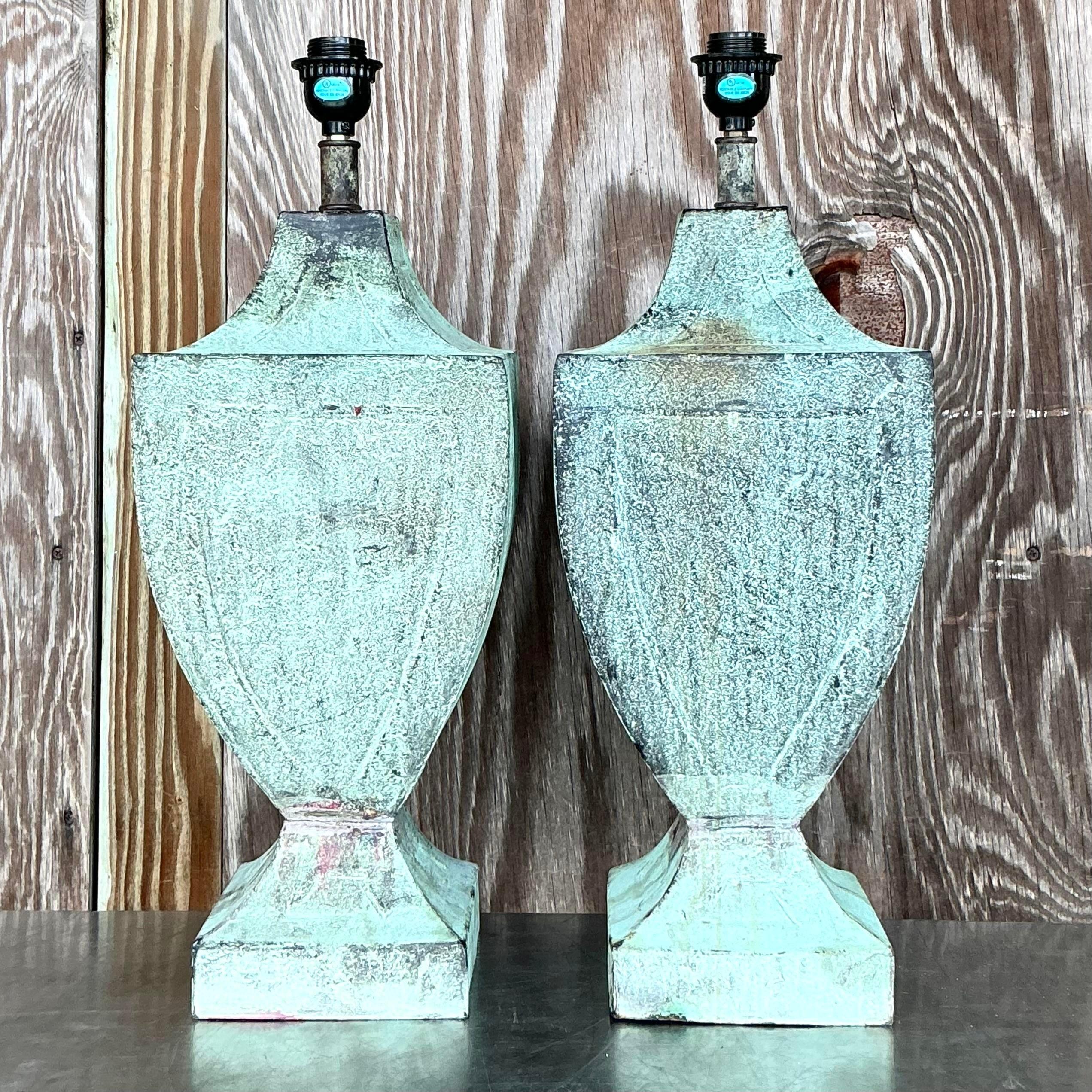Vintage Coastal Patinated Metal Urn Lamps - a Pair 2