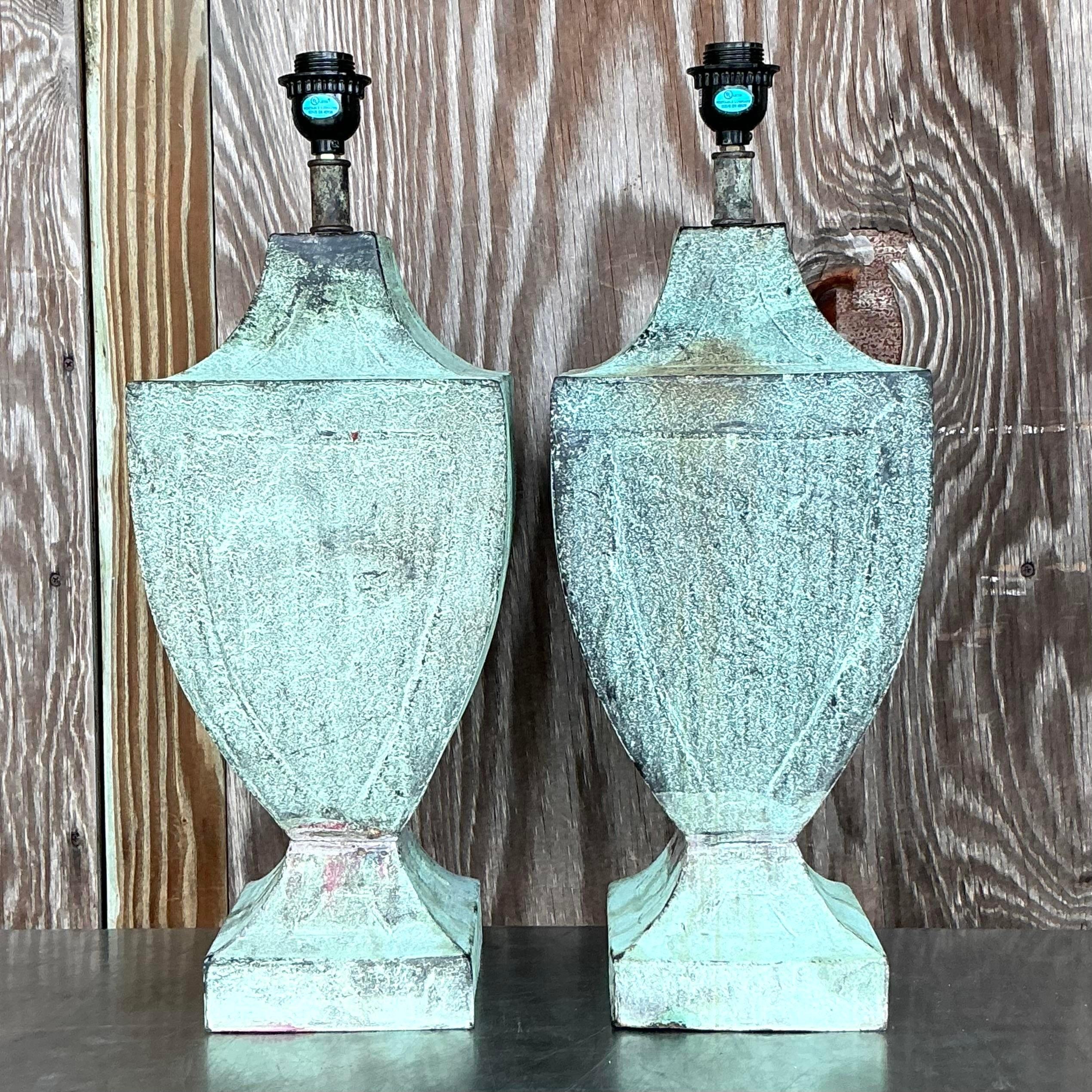 Vintage Coastal Patinated Metal Urn Lamps - a Pair 3