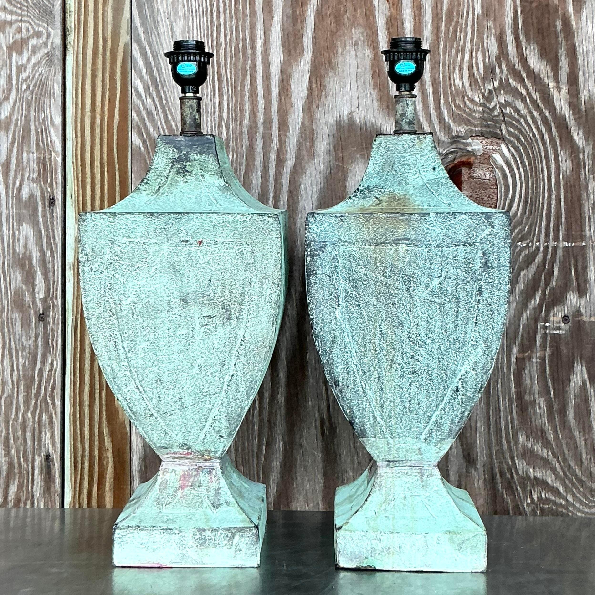 Vintage Coastal Patinated Metal Urn Lamps - a Pair 4