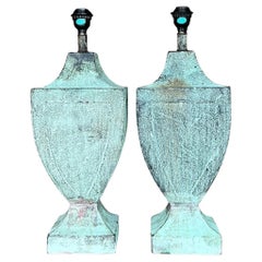 Vintage Coastal Patinated Metal Urn Lamps - a Pair