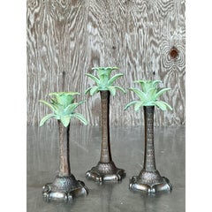 Vintage Coastal Patinated Palm Tree Candlesticks - Set of 3