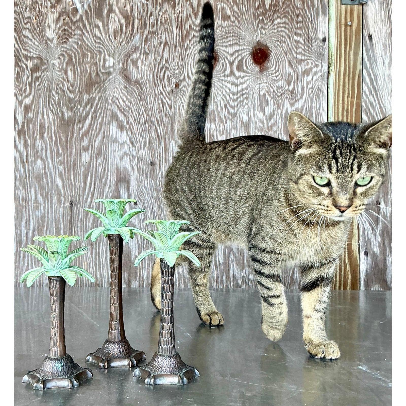 Vintage Coastal Patinated Palm Tree Candlesticks - Set of 3 In Good Condition For Sale In west palm beach, FL