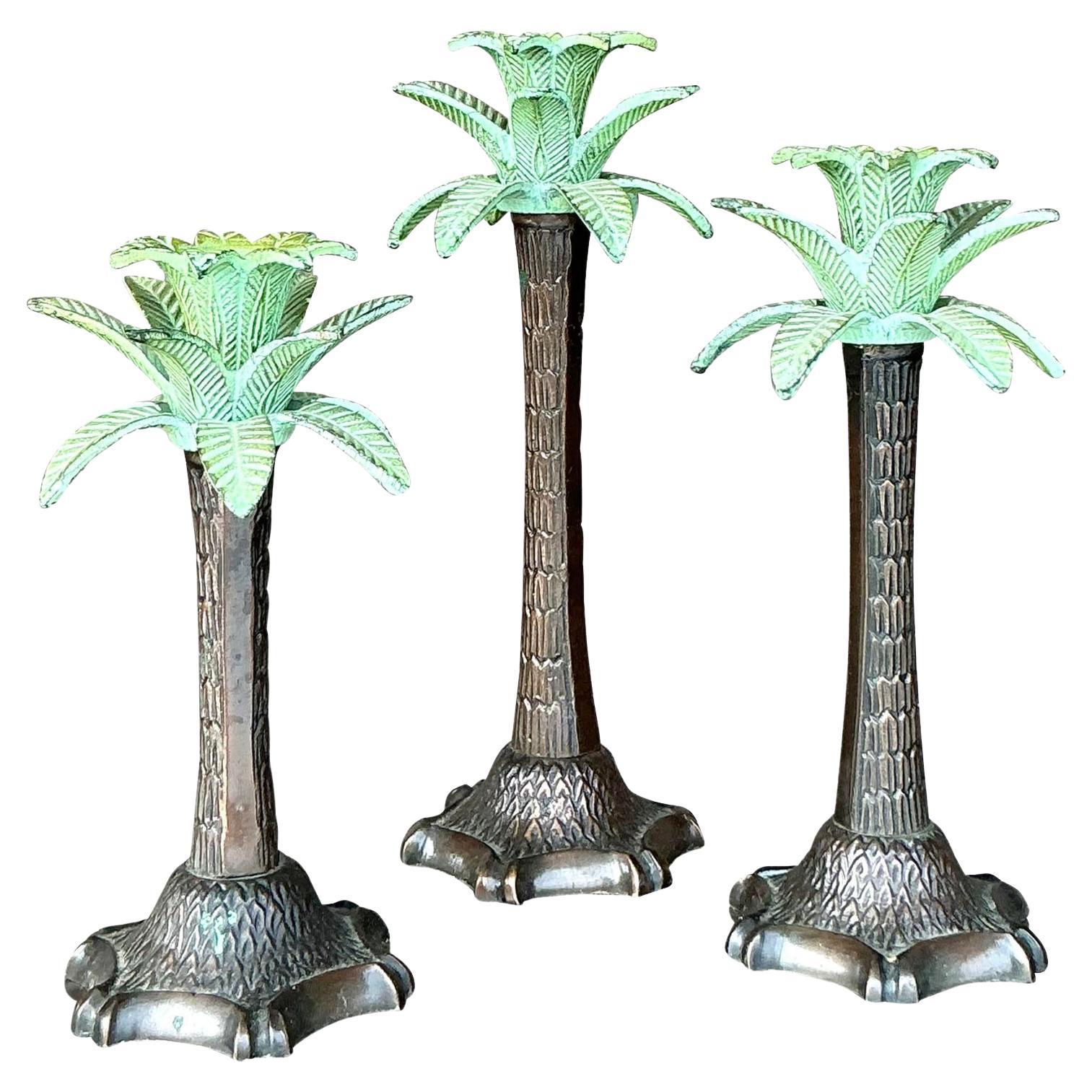 Vintage Coastal Patinated Palm Tree Candlesticks - Set of 3