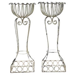 Vintage Coastal Patinated Wrought Iron Plant Stands - a Pair