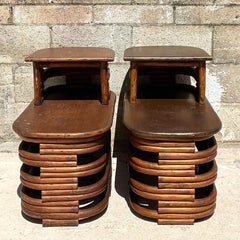 Vintage Coastal Paul Frankl Stacked Rattan Side Tables - a Pair