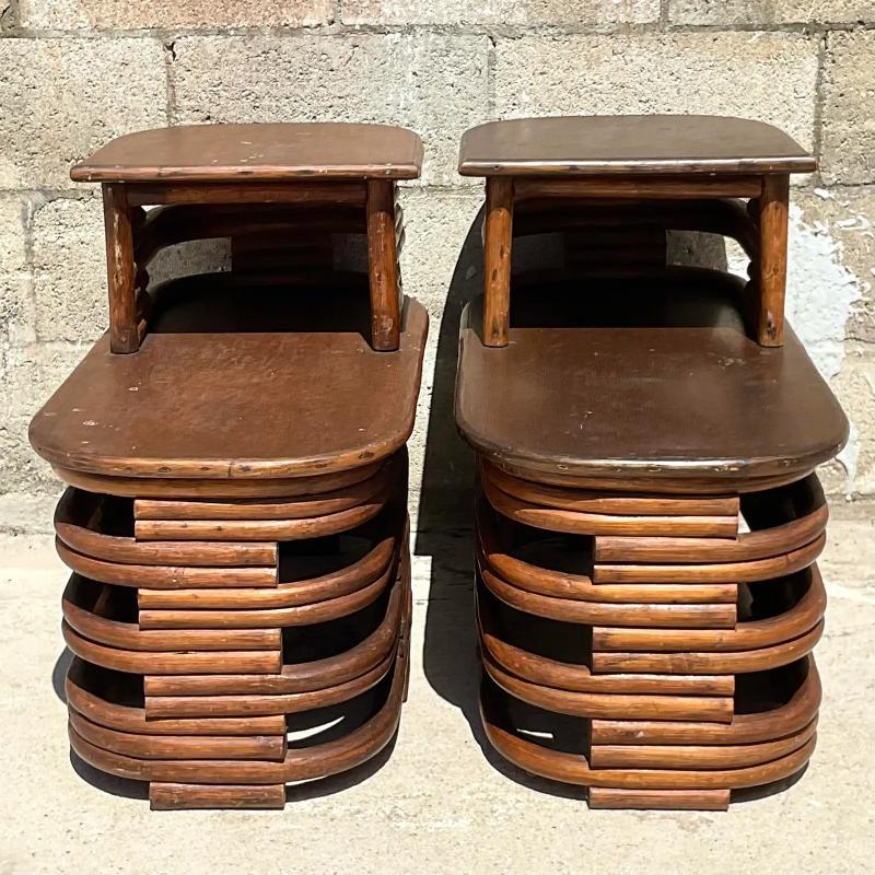 Bohemian Vintage Coastal Paul Frankl Stacked Rattan Side Tables - a Pair For Sale
