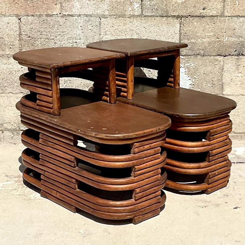Vintage Coastal Paul Frankl Stacked Rattan Side Tables - a Pair In Good Condition For Sale In west palm beach, FL