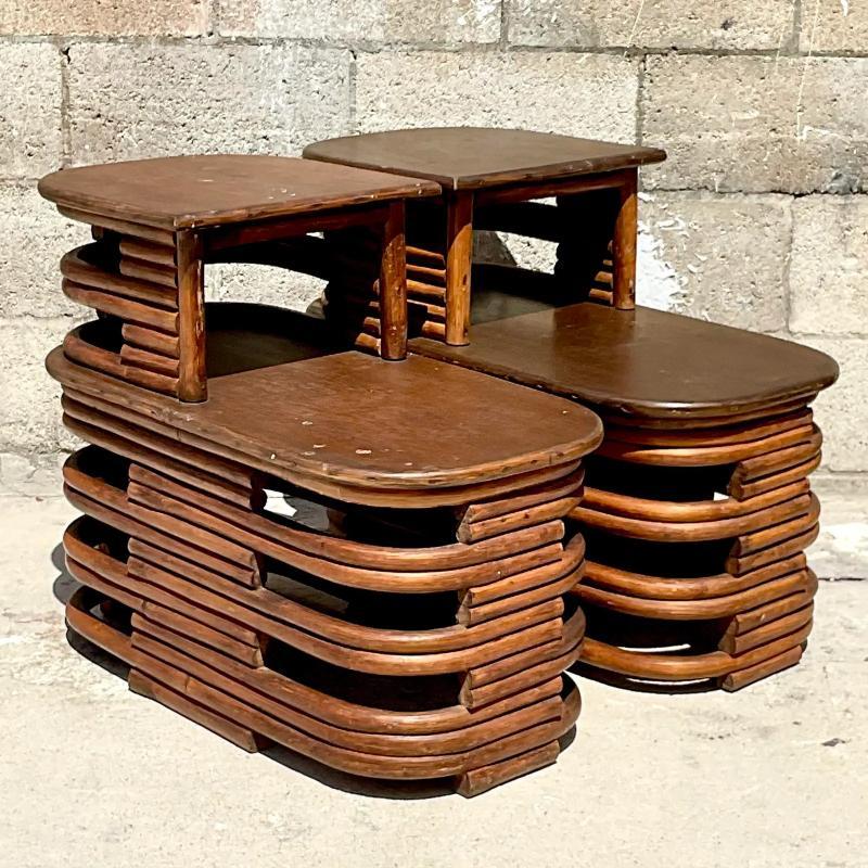 20th Century Vintage Coastal Paul Frankl Stacked Rattan Side Tables - a Pair For Sale