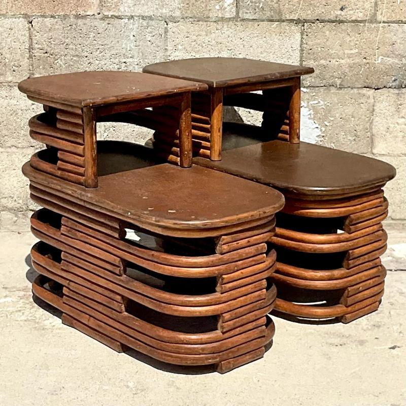 Vintage Coastal Paul Frankl Stacked Rattan Side Tables - a Pair For Sale 1