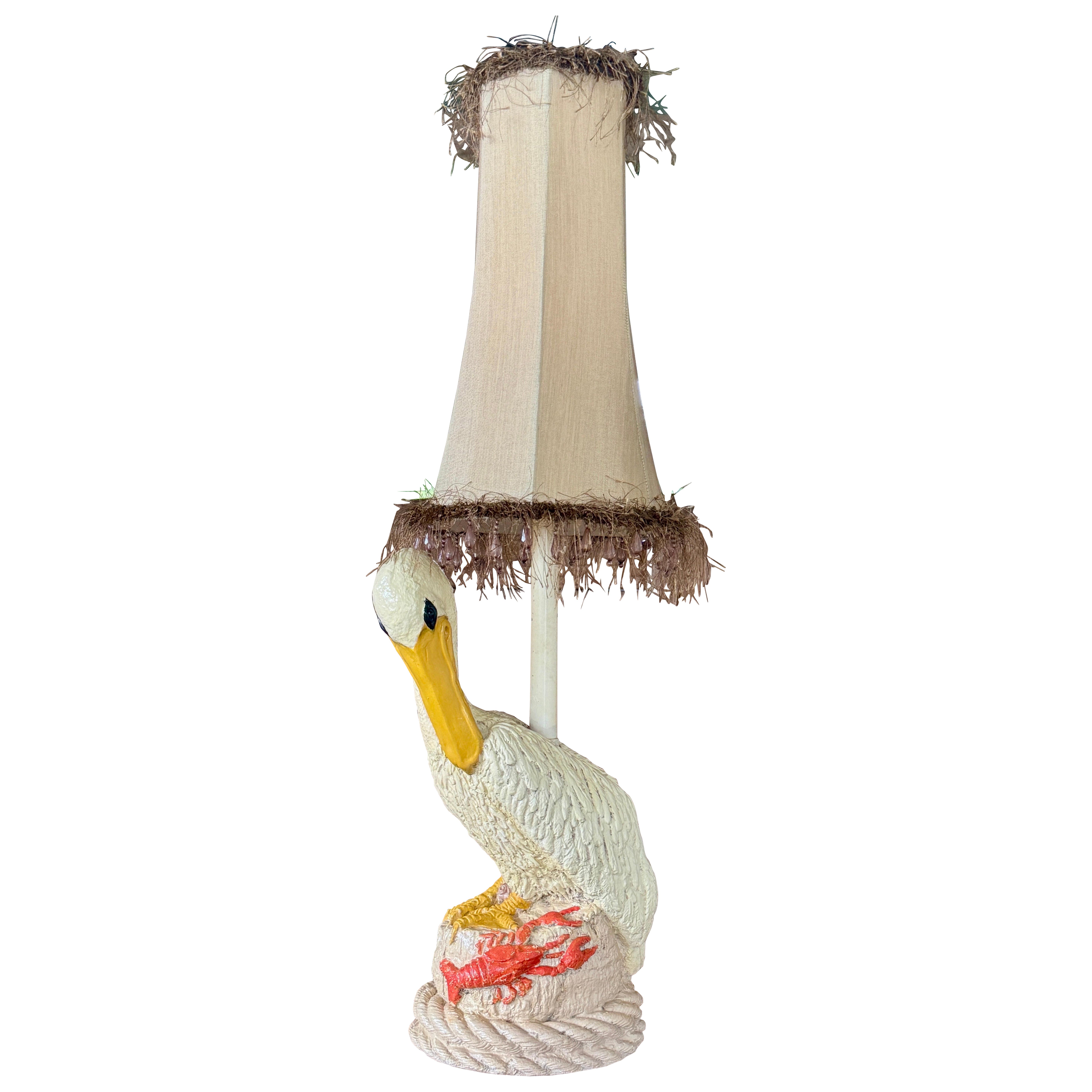 Vintage Coastal Pelican & Lobster Plaster Table Lamp With Shade