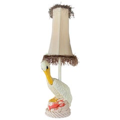 Vintage Coastal Pelican & Lobster Plaster Table Lamp With Shade