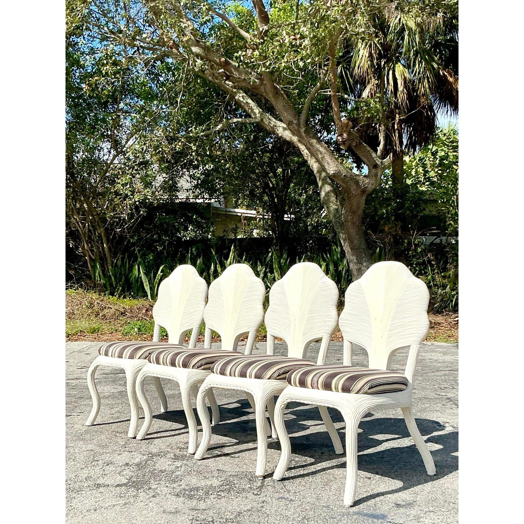 Hollywood Regency Vintage Coastal Pencil Reed a Flower Back Dining Chairs - Set of 4 For Sale
