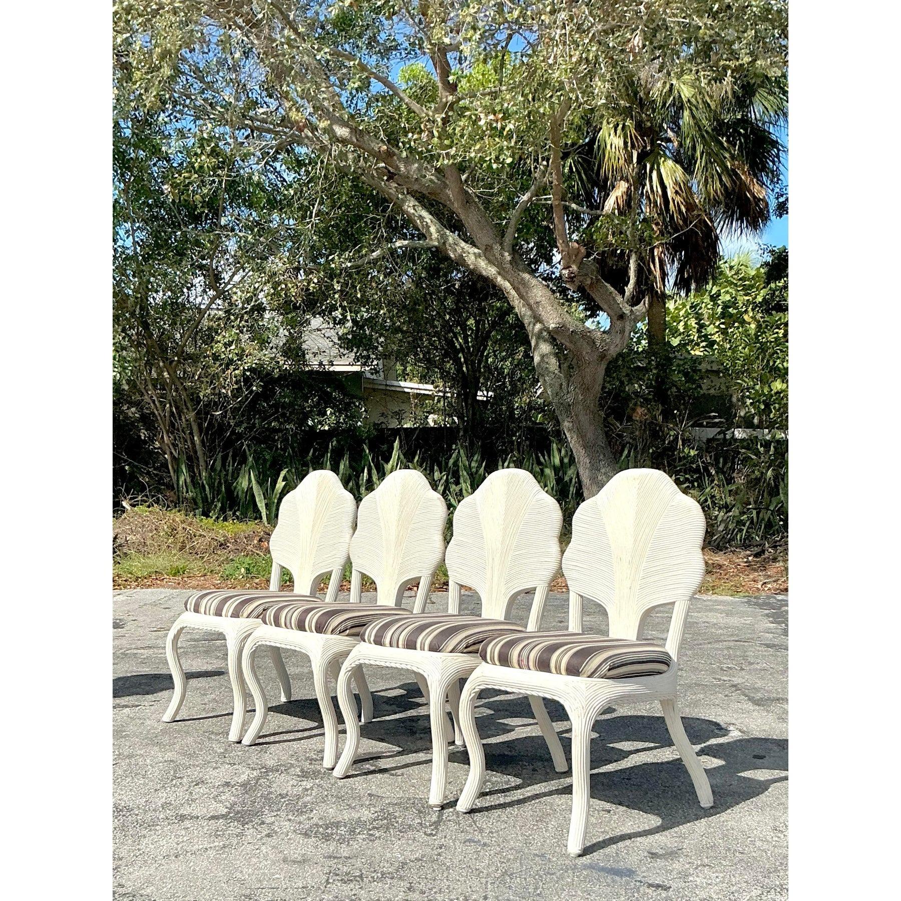 American Vintage Coastal Pencil Reed a Flower Back Dining Chairs - Set of 4 For Sale