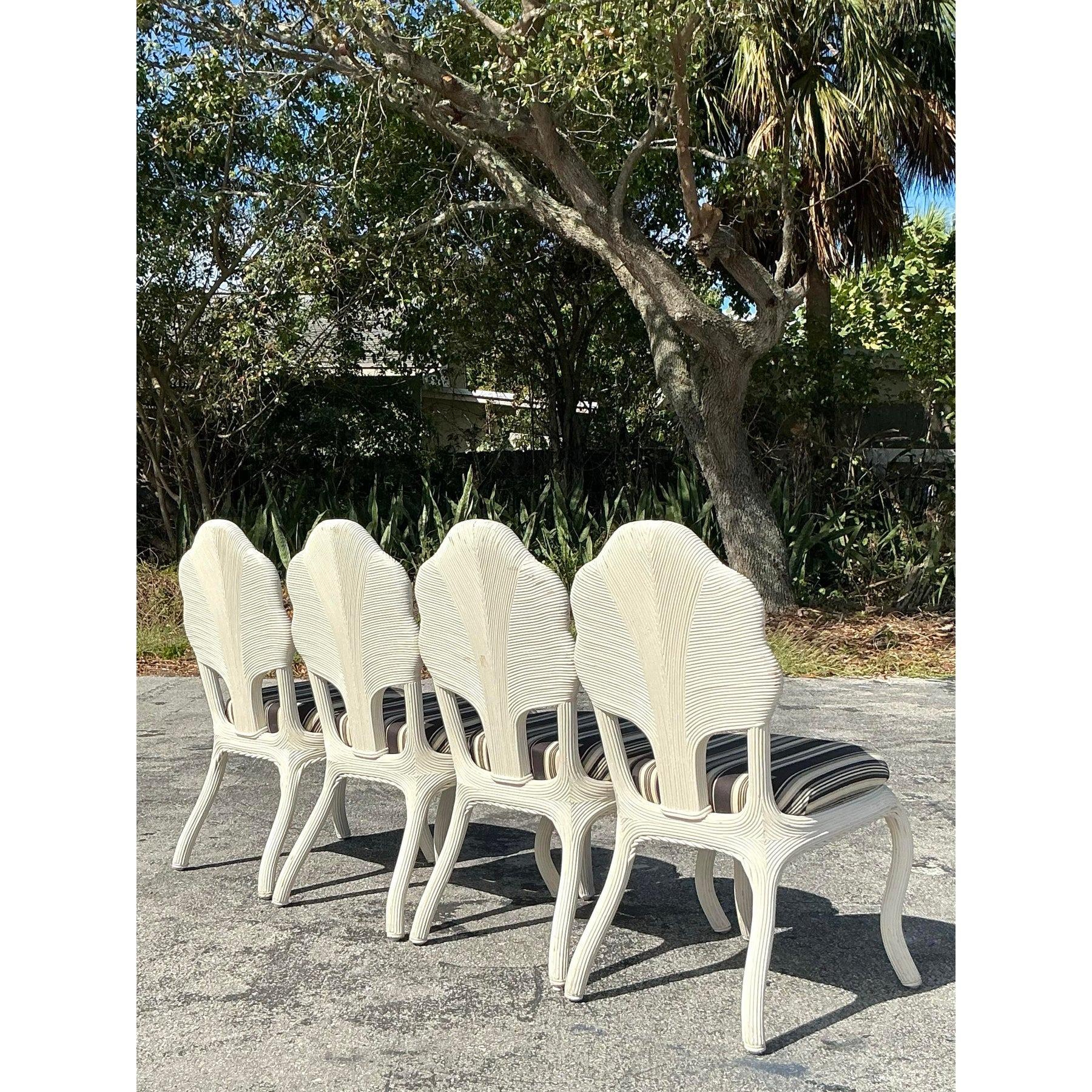 Vintage Coastal Pencil Reed a Flower Back Dining Chairs - Set of 4 In Good Condition For Sale In west palm beach, FL