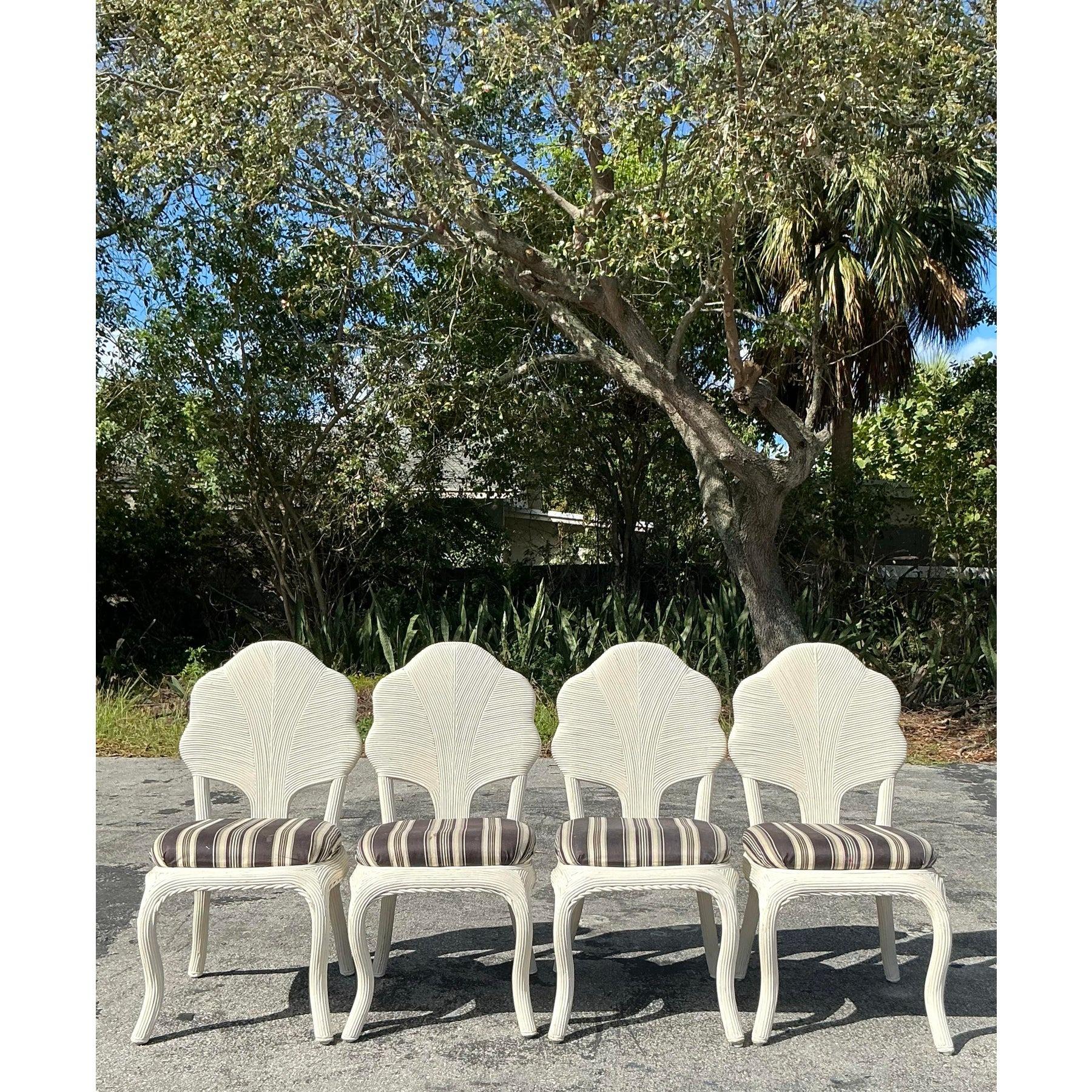 20th Century Vintage Coastal Pencil Reed a Flower Back Dining Chairs - Set of 4 For Sale